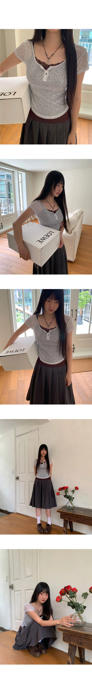Naun Flower Round Button Short Sleeve T-Shirt