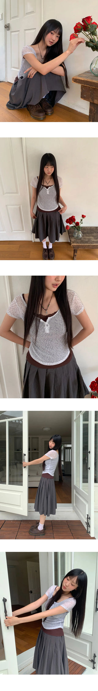 Naun Flower Round Button Short Sleeve T-Shirt