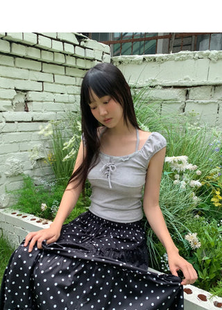 Jaden Eyelet Ribbon Halter Neck Shirring Puff Sleeveless