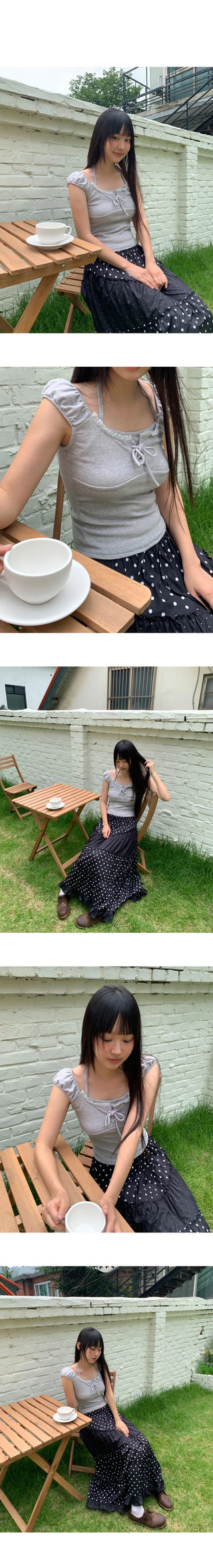 Jaden Eyelet Ribbon Halter Neck Shirring Puff Sleeveless