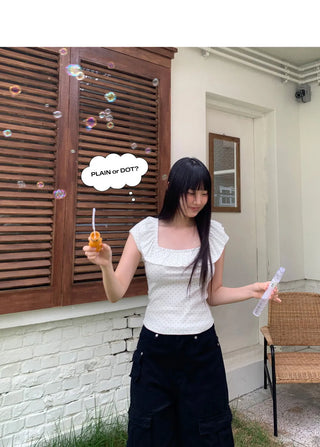 Cane Dot Frill Shirring Cap Short Sleeve T-Shirt