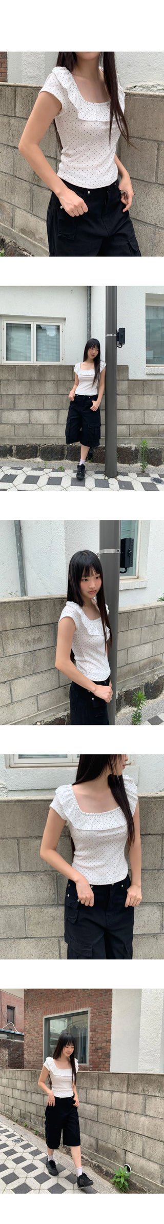 Cane Dot Frill Shirring Cap Short Sleeve T-Shirt
