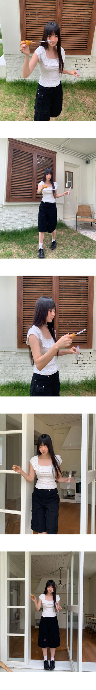 Cane Dot Frill Shirring Cap Short Sleeve T-Shirt