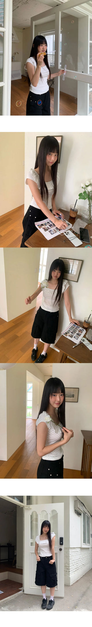 Cane Dot Frill Shirring Cap Short Sleeve T-Shirt