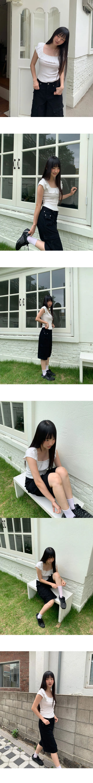 Cane Dot Frill Shirring Cap Short Sleeve T-Shirt