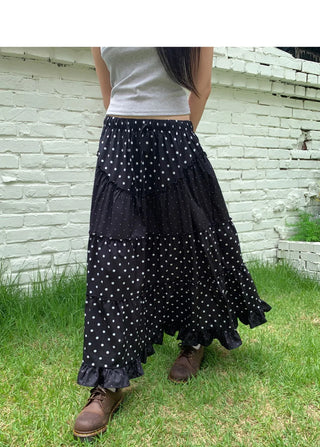 Achu Dot Shirring Cancan Lace Frill Long Skirt