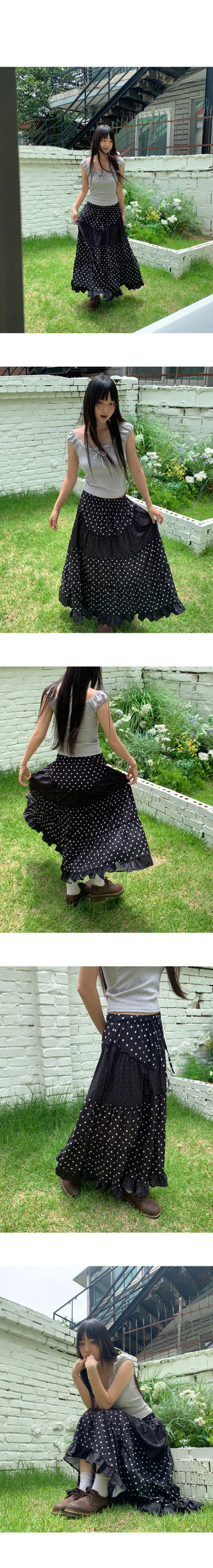 Achu Dot Shirring Cancan Lace Frill Long Skirt