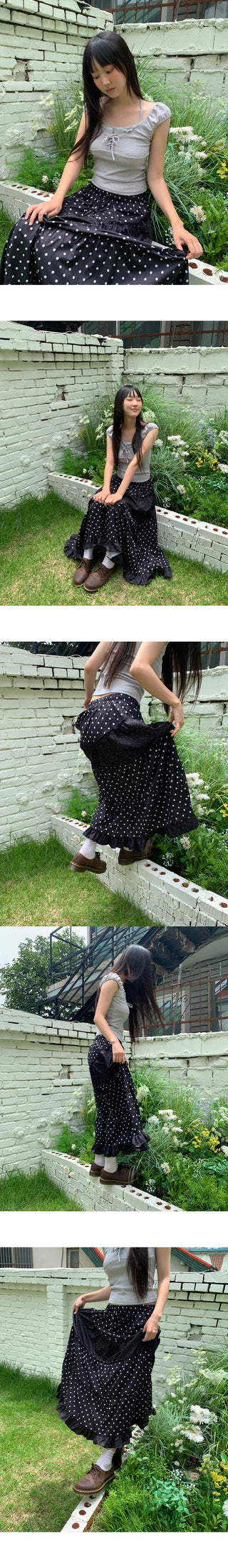 Achu Dot Shirring Cancan Lace Frill Long Skirt