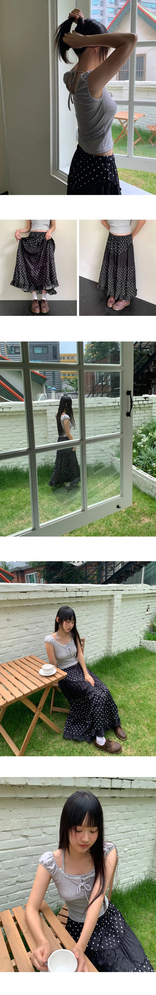 Achu Dot Shirring Cancan Lace Frill Long Skirt