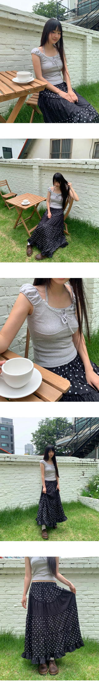 Achu Dot Shirring Cancan Lace Frill Long Skirt