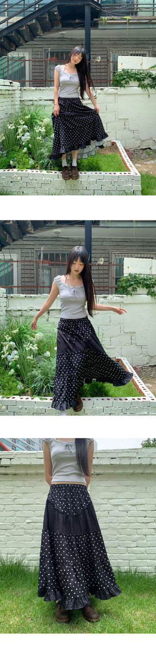 Achu Dot Shirring Cancan Lace Frill Long Skirt