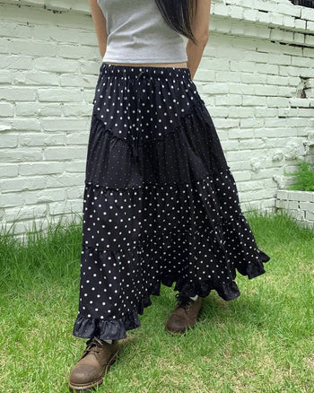Achu Dot Shirring Cancan Lace Frill Long Skirt