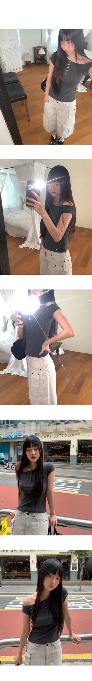 Az pigment Faded one shoulder one off shoulder button short sleeve t-shirt