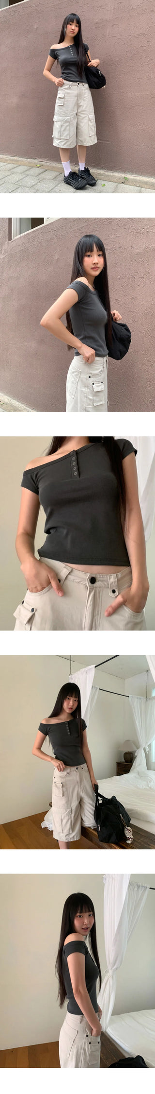 Az pigment Faded one shoulder one off shoulder button short sleeve t-shirt