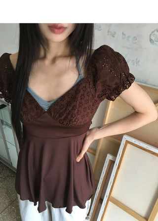 Kiaco Heart Neck Puff Ribbon Punching Short Sleeve Blouse