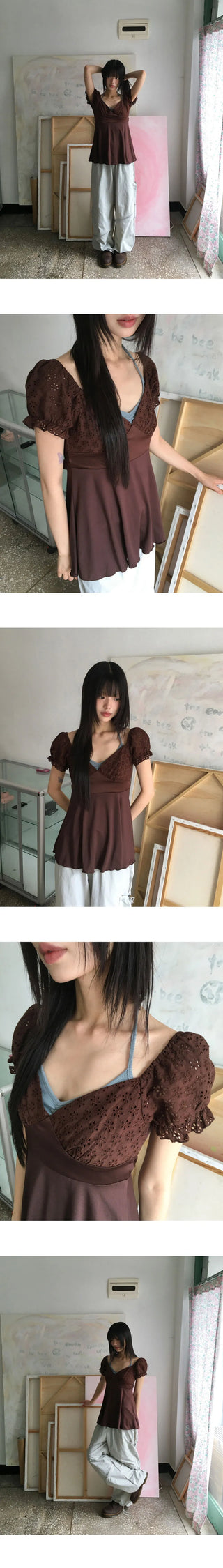 Kiaco Heart Neck Puff Ribbon Punching Short Sleeve Blouse