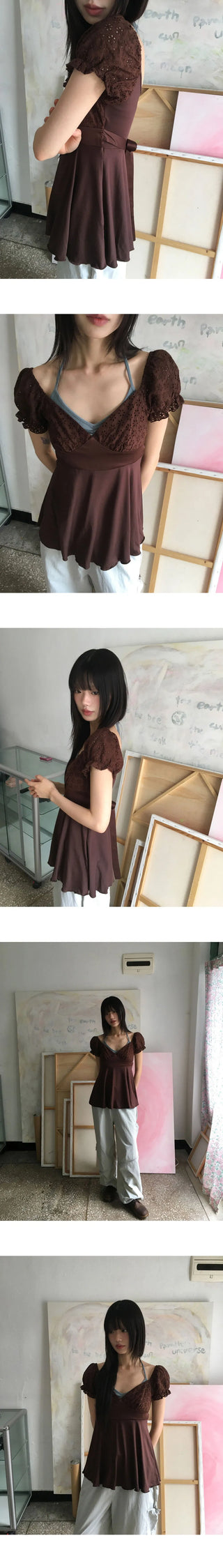 Kiaco Heart Neck Puff Ribbon Punching Short Sleeve Blouse