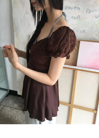 Kiaco Heart Neck Puff Ribbon Punching Short Sleeve Blouse