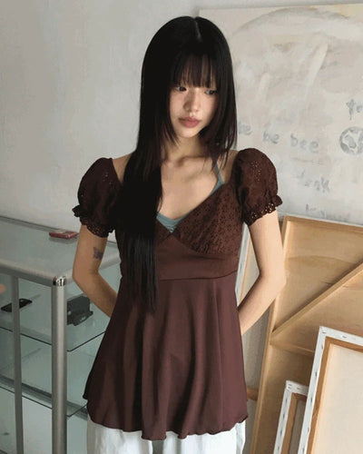 Kiaco Heart Neck Puff Ribbon Punching Short Sleeve Blouse