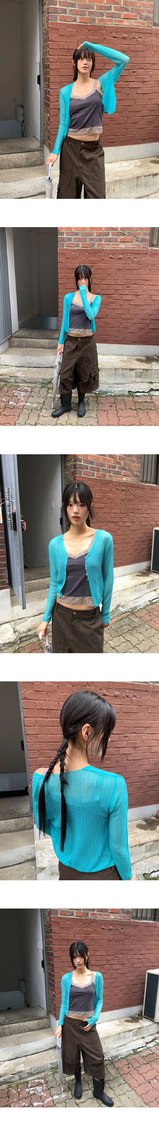 Sewn V-Neck See-through Button Crop Cardigan