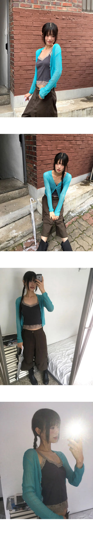Sewn V-Neck See-through Button Crop Cardigan
