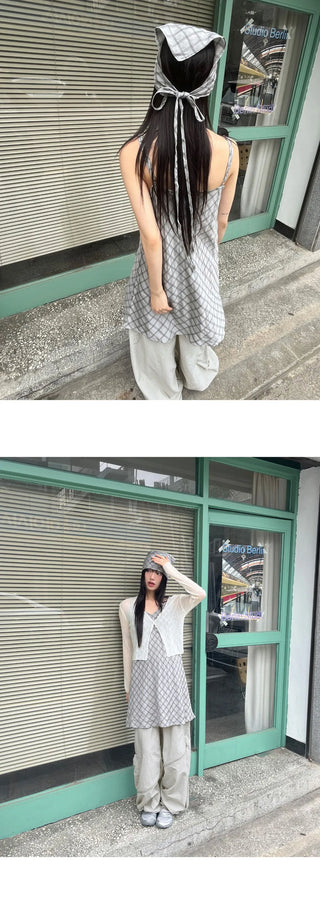 Binble Check Bandana Strap Layered Sleeveless Dress