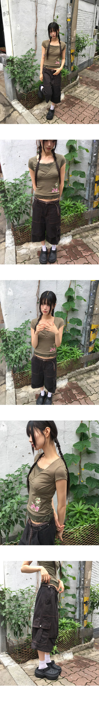 Toa Bijo Button Faded Pin Tuck Cargo Bermuda Pants