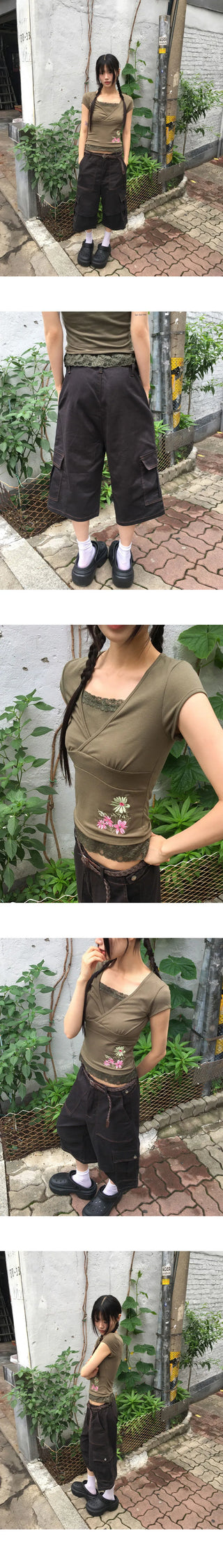 Toa Bijo Button Faded Pin Tuck Cargo Bermuda Pants