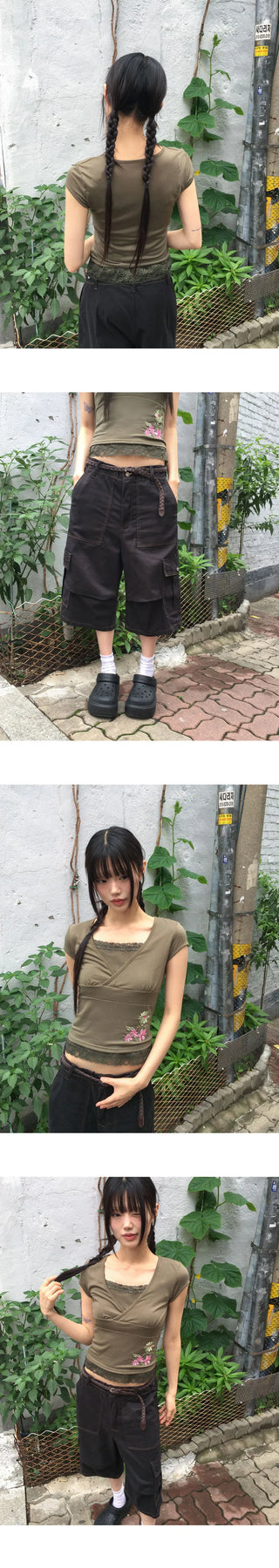 Toa Bijo Button Faded Pin Tuck Cargo Bermuda Pants