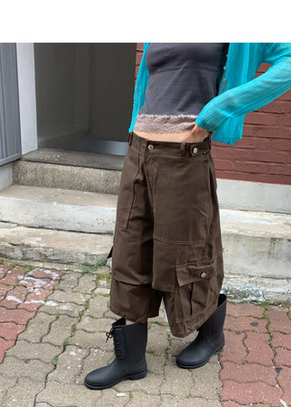 Toa Bijo Button Faded Pin Tuck Cargo Bermuda Pants