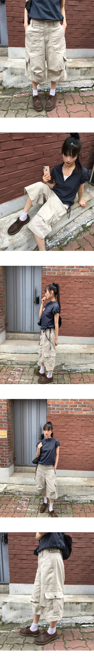 Toa Bijo Button Faded Pin Tuck Cargo Bermuda Pants