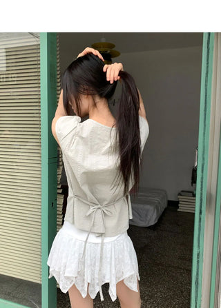 Hiyo Ribbon Strap Cap Sleeve Short Sleeve Blouse