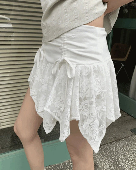 Daken Lace Cancan Ribbon Shirring Flare Mini Skirt