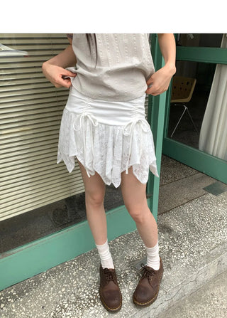 Daken Lace Cancan Ribbon Shirring Flare Mini Skirt