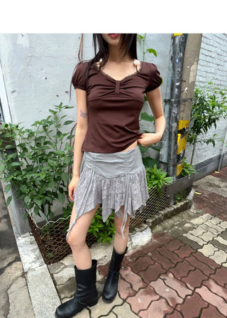 Daken Lace Cancan Ribbon Shirring Flare Mini Skirt