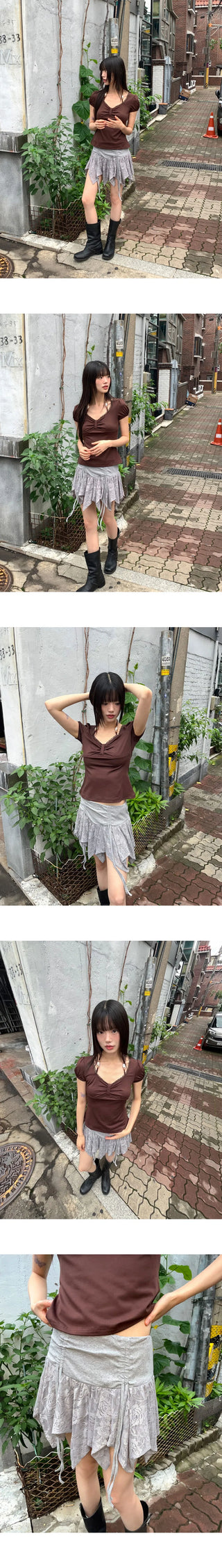 Daken Lace Cancan Ribbon Shirring Flare Mini Skirt