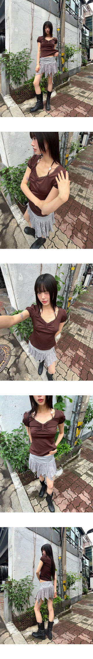 Daken Lace Cancan Ribbon Shirring Flare Mini Skirt