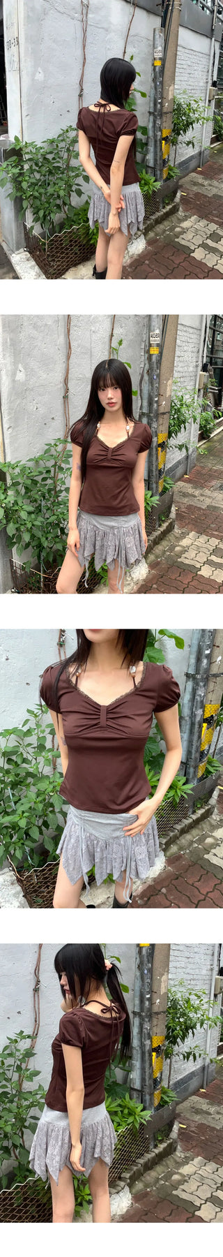 Daken Lace Cancan Ribbon Shirring Flare Mini Skirt