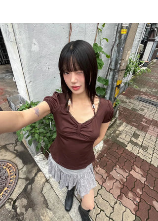 Code Biz Ribbon Shirring Puff Short Sleeve T-Shirt