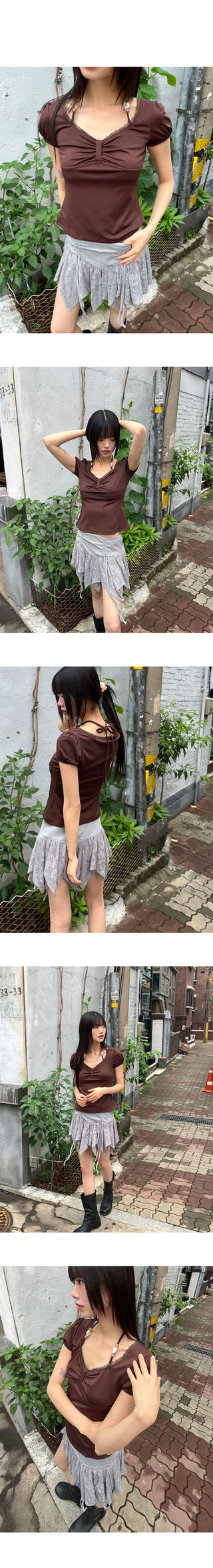 Code Biz Ribbon Shirring Puff Short Sleeve T-Shirt