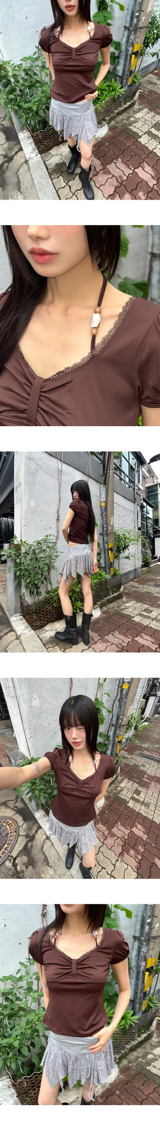 Code Biz Ribbon Shirring Puff Short Sleeve T-Shirt