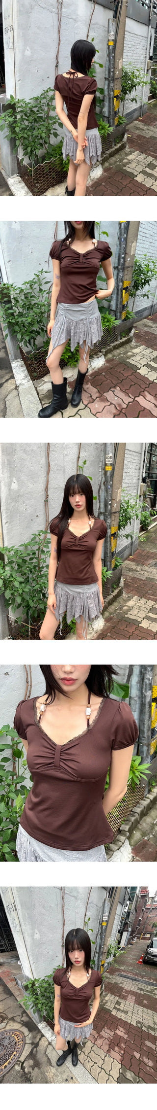 Code Biz Ribbon Shirring Puff Short Sleeve T-Shirt