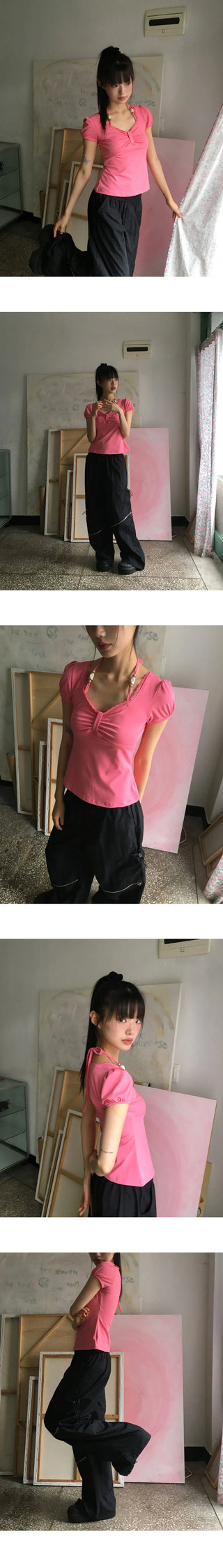 Code Biz Ribbon Shirring Puff Short Sleeve T-Shirt