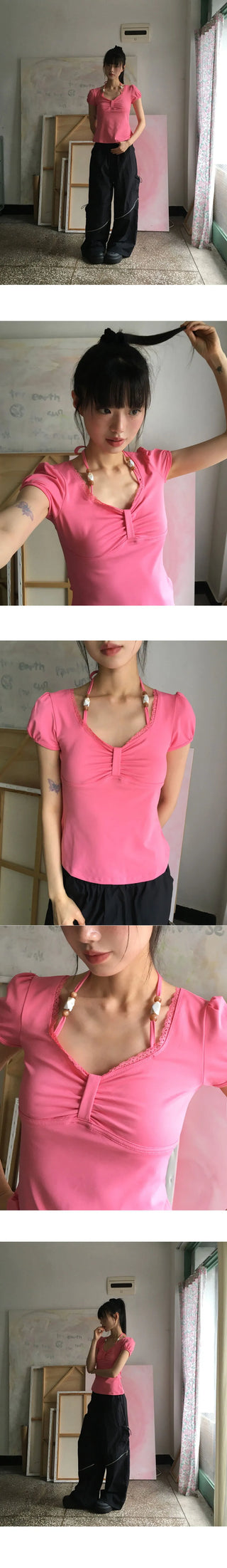 Code Biz Ribbon Shirring Puff Short Sleeve T-Shirt