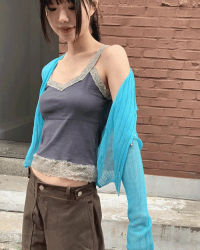 Kiyou Slim Fit Ribbed Lace Sleeveless