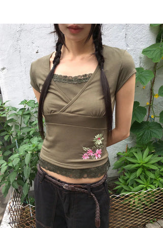 Kiyou Slim Fit Ribbed Lace Sleeveless
