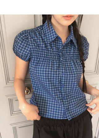 Rehue Check Shirring Banding Puff Short Sleeve Blouse
