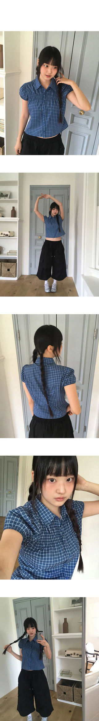 Rehue Check Shirring Banding Puff Short Sleeve Blouse