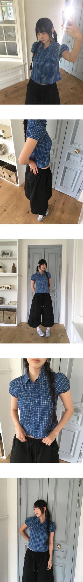 Rehue Check Shirring Banding Puff Short Sleeve Blouse