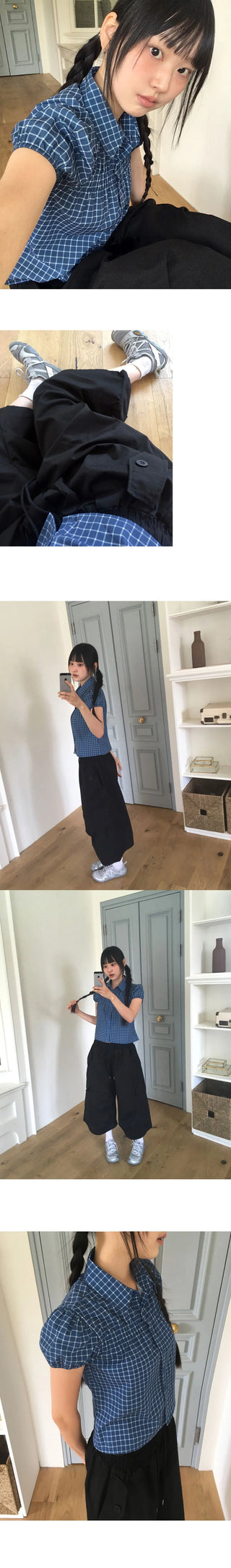 Rehue Check Shirring Banding Puff Short Sleeve Blouse